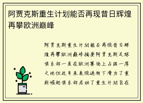 阿贾克斯重生计划能否再现昔日辉煌再攀欧洲巅峰