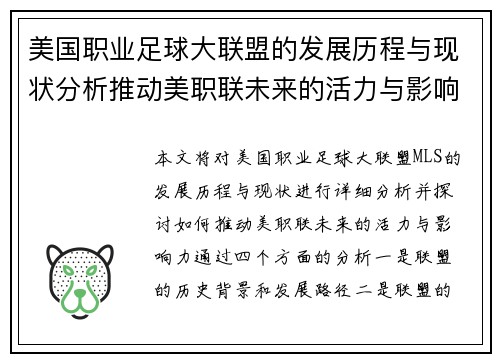 美国职业足球大联盟的发展历程与现状分析推动美职联未来的活力与影响力