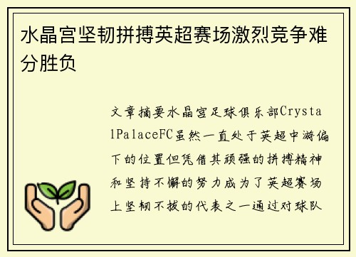 水晶宫坚韧拼搏英超赛场激烈竞争难分胜负